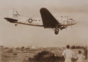 米空軍のC-４７輸送機（２０２４年８月作、鉛筆画） 立川基地がＭＡＴＳと第５空軍の輸送機で賑わっていた頃の情景