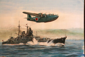 二式大型飛行艇（２０１５年１月作品、水彩画） 重巡洋艦「利根」の上空を飛行する勇姿を描いた作品